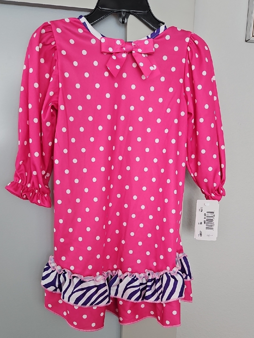 Girls' Hot Pink Polka Dot Nightgown with Zebra Ruffle Detail